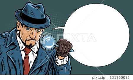 Noir detective with magnifying glass poster banner Noir detective with magnifying glass poster banner 131560055
