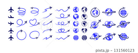飛行する飛行機のセット,シンプルな地球アイコンと飛行機・旅行アイコン 131560123