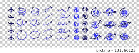Set of flying airplanes, simple globe icon and airplane and travel icon 131560123