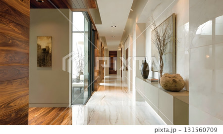 Sleek modern hallway with bright neutral tones 131560709