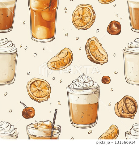 Iced Coffee Latte Art with Orange and Honey Accents Seamless Pattern Design 131560914