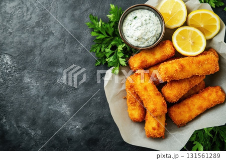 Crispy Fried Fish Sticks on Parchment Paper. Crispy Fried Fish Sticks on Parchment Paper. 131561289