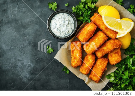 Crispy Fried Fish Sticks on Parchment Paper. Crispy Fried Fish Sticks on Parchment Paper. 131561308