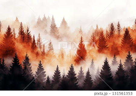 Water color painting of autumn forest. Illustration of autumn multicolored deciduous forest for Christmas design. Misty abstract background, festive frame or border 131561353