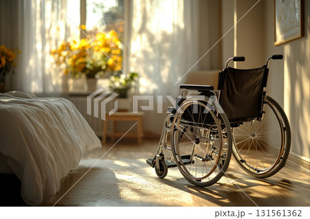 Empty wheel chair in a bed room . Wheelchair in a nursing home. Empty wheel chair in a bed room . Wheelchair in a nursing home. 131561362