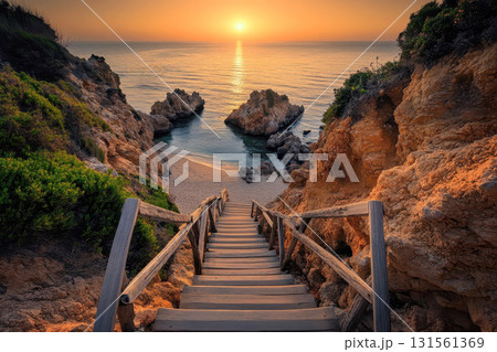 Relaxing Beach Getaway. Wooden Stairs Leading to Sunny Beach . Relaxing Beach Getaway. Wooden Stairs Leading to Sunny Beach . 131561369