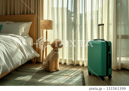 a dog sit near luggage in the a cozy hotel room with a neatly made bed. Creative concept Air transport of pets. Generative AI photo imitation. 131561399