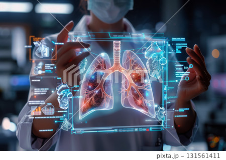Lung anatomy opened the study of lungs with holographic display, background is medical 131561411