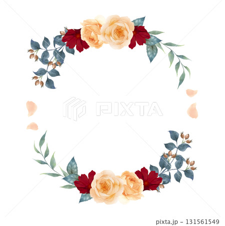 水彩で描いた秋色の薔薇の円形リース 131561549