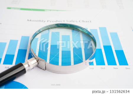 Magnifying glass on charts graphs paper. Financial development, Banking Account, Statistics, Investment Analytic research data economy. 131562634