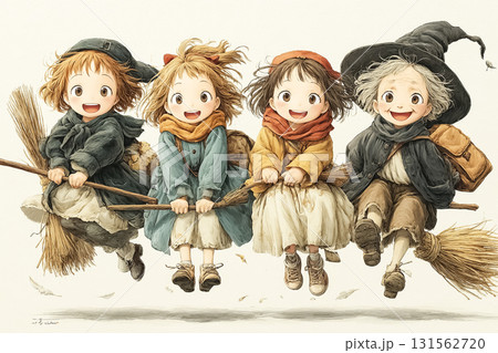 美優シリーズ：4人の魔女美優が横一列でふわっと浮いている 131562720