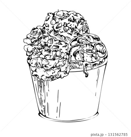Sorbet gelato with milk chocolate bits, chips and syrup sprinkle served in plastic or paper cup. Vector graphic illustration hand drawn in pen and ink. Gourmet menu insert, summer fair product tag Sorbet gelato with milk chocolate bits, chips and syrup sprinkle served in plastic or paper cup. Vector graphic illustration hand drawn in pen and ink. Gourmet menu insert, summer fair product tag 131562785