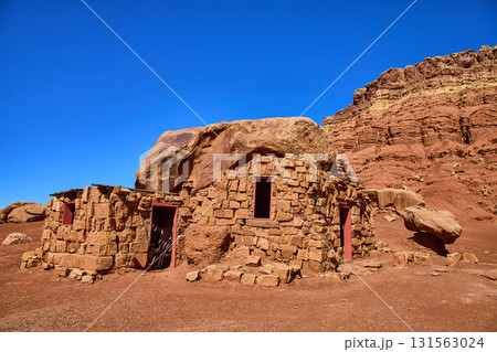 Stone House Built Into Red Rock Vermilion Cliffs Arizona Desert Midday Sky 131563024