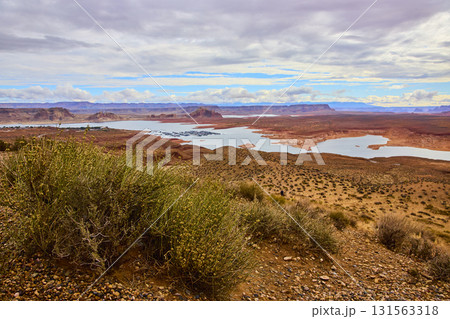 Lake Powell Marina and Sandstone Cliffs with Desert from Wahweap Overlook Lake Powell Marina and Sandstone Cliffs with Desert from Wahweap Overlook 131563318