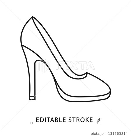 A high heel shoe icon in a minimalist line style with editable stroke. Woman fashion accessory, elegant footwear, female glamour style, wedding party clothing, formal event shoe. 131563814