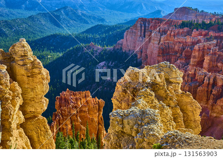 Bryce Canyon Hoodoos Sunlit Cliff Formations and Forest Vista Scenic View Bryce Canyon Hoodoos Sunlit Cliff Formations and Forest Vista Scenic View 131563903
