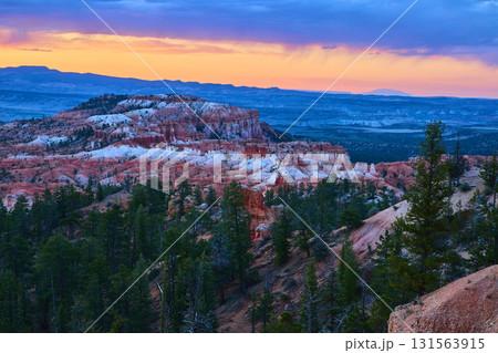 Bryce Canyon Hoodoos and Pine Trees at Sunrise with Vibrant Golden Hour Sky 131563915