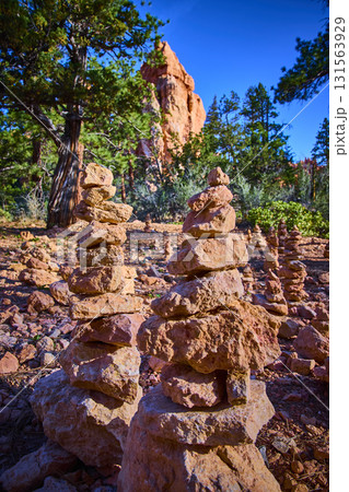Rock Stack Cairns and Pine Trees Bryce Canyon Hoodoo Landscape Under Blue Sky Rock Stack Cairns and Pine Trees Bryce Canyon Hoodoo Landscape Under Blue Sky 131563929