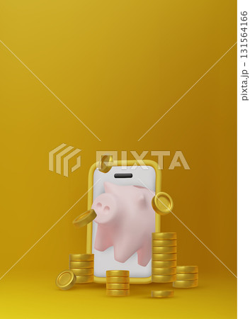 3D piggy bank with a smartphone and gold coins. A modern concept for mobile banking, digital savings, and fintech apps. 3D piggy bank with a smartphone and gold coins. A modern concept for mobile banking, digital savings, and fintech apps. 131564166