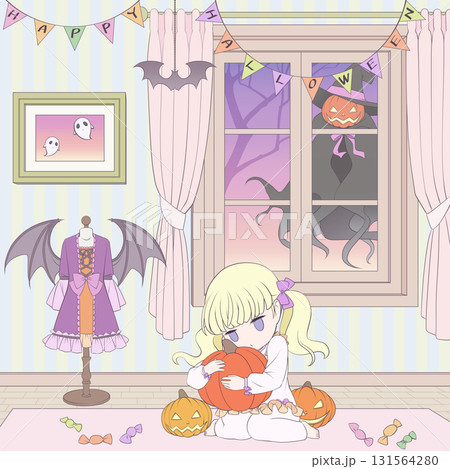 ハロウィンの子供部屋。かぼちゃを抱きしめる女の子と彼女を見守るジャック・オ・ランタン 131564280