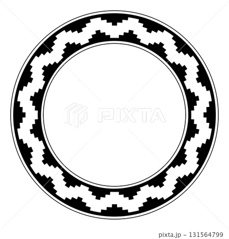 Circle frame with stepped pattern. A decorative border with seamless repeated staircase-like motif, similar to step pyramids or battlements, as it was used by Native Americans. Black and white. Vector 131564799