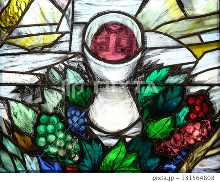 Eucharist, stained glass window by Sieger Koder in church of Saint Bartholomew in Leutershausen, Germany 131564808