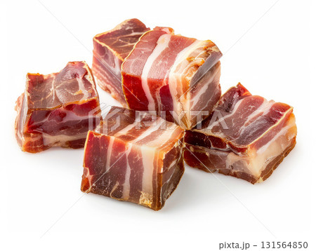 Cubes of Italian cured pancetta bacon isolated on white 131564850