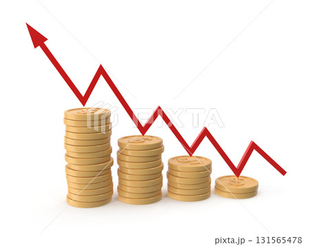 Financial downturn concept Stack of coins with decreasing value, marked by a red trendline. Financial downturn concept Stack of coins with decreasing value, marked by a red trendline. 131565478