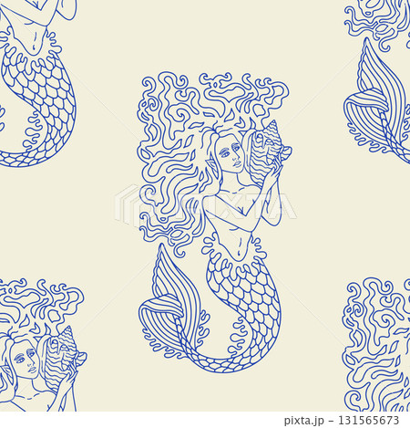 Beautiful long hair mermaid holding conch shell seamless pattern on black background vector illustration 131565673