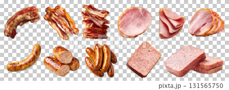 Collection of 4 set processed meat, bacon salt-cured pork, Parma ham Prosciutto, frankfurter wiener bratwurst sausage, Spam luncheon meat, sliced whole pile, transparent cutout PNG. Mockup for design 131565750