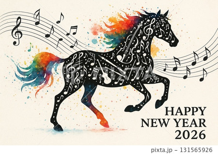 音楽と馬のデザイン年賀状｜楽譜・アート・2026 131565926