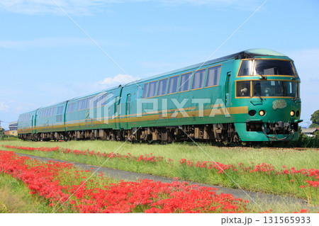 彼岸花咲く久大本線を行く特急「ゆふいんの森」（JR九州） 131565933
