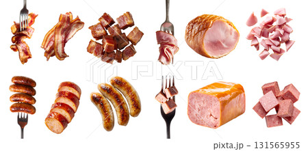 Collection of 4 set processed meat, frankfurter wiener bratwurst sausage, bacon salt-cured pork, Parma ham Prosciutto, Spam luncheon meat, fork diced cube slice whole, transparent cutout PNG. Mockup 131565955