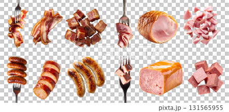 Collection of 4 set processed meat, frankfurter wiener bratwurst sausage, bacon salt-cured pork, Parma ham Prosciutto, Spam luncheon meat, fork diced cube slice whole, transparent cutout PNG. Mockup Collection of 4 set processed meat, frankfurter wiener bratwurst sausage, bacon salt-cured pork, Parma ham Prosciutto, Spam luncheon meat, fork diced cube slice whole, transparent cutout PNG. Mockup 131565955