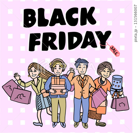 black friday sale shopping vector with cute human cartoon flat design showing retail consumer crowd and festive bargain 131566007