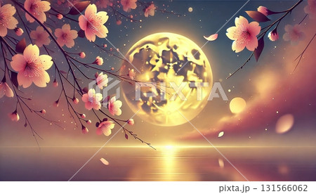 黄金色に輝く満月と夜桜が照らす静寂な春の夜。幻想的な光が広がる美しくロマンチックな風景 131566062