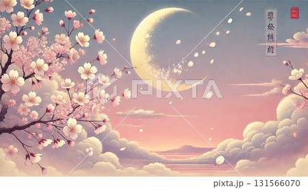 柔らかな夕暮れの空に浮かぶ三日月と桜の花びらが舞う、幻想的で優美な和風アートイラスト風景 131566070
