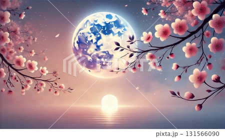 満開の桜と水面に映る満月が織りなす幻想的で美しい春の夜のファンタジーアート風風景 131566090