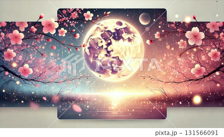 幻想的な満月と満開の桜が輝く春の夜景、柔らかな光に包まれた夢のようなパステルファンタジー風イラスト 131566091