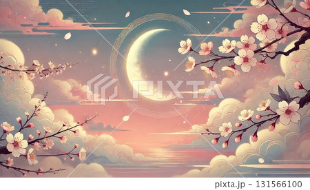春霞の中に浮かぶ三日月と満開の桜が描く幻想的な浮世絵風の風景、和の美しさと静寂が調和する夜空 131566100