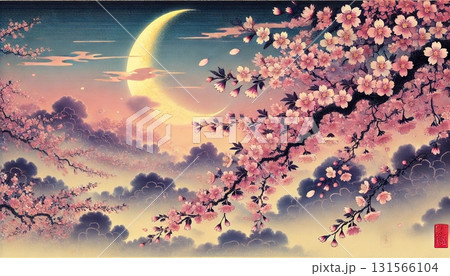 黄金の三日月と満開の桜が幻想的に輝く、春の夜空を描いた和風浮世絵風