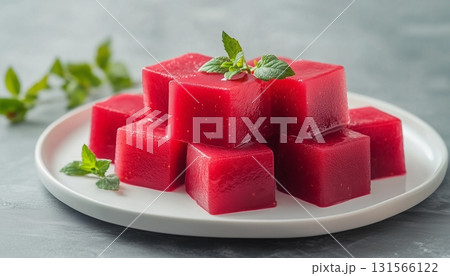 Strawberry jelly gummy candy cube pile on white plate for children snack 131566122