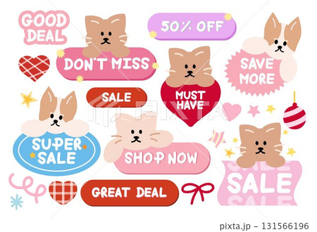 Cute Christmas sale icons with puppy and cat for online shopping, promotion, sticker, banner, special price, discount, web button, campaign badge, brochure, price tag, animal, pet shop, vet, winter ad 131566196