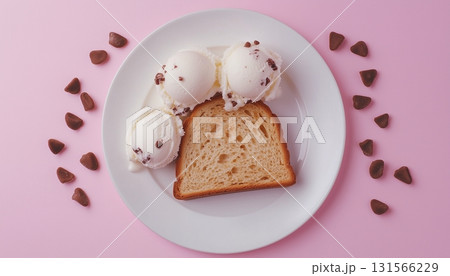 Loaf bread with ice cream scoop topping fresh dessert on white plate 131566229
