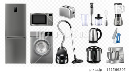 A set of household appliances: microwave oven, washing machine, refrigerator, vacuum cleaner, multicooker, food processor, blender, iron, toaster. Realistic 3D vector, isolated illustration A set of household appliances: microwave oven, washing machine, refrigerator, vacuum cleaner, multicooker, food processor, blender, iron, toaster. Realistic 3D vector, isolated illustration 131566295