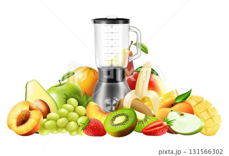 Realistic Juicer blender. Kitchen blender with set of fruits, bananas, oranges, kiwi, peach, grapes, strawberry, apple, mango, pear, avocado, isolated vector illustration Realistic Juicer blender. Kitchen blender with set of fruits, bananas, oranges, kiwi, peach, grapes, strawberry, apple, mango, pear, avocado, isolated vector illustration 131566302
