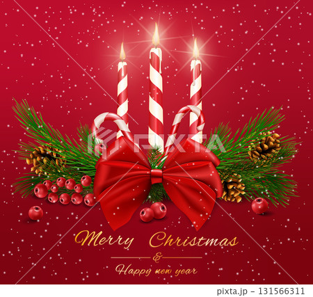 Christmas holiday gifts with gold, red, silver bows, fir branches, pine cones and snow on a red background. The illustration can be used for Christmas designs, posters, cards, websites and banners Christmas holiday gifts with gold, red, silver bows, fir branches, pine cones and snow on a red background. The illustration can be used for Christmas designs, posters, cards, websites and banners 131566311