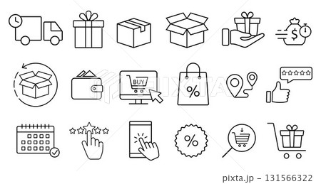 Click and collect order, vector line icons set, online order, delivery truck, delivery service steps, pick up order at pickup point, payment, rating icon, rating review, flat illustration Click and collect order, vector line icons set, online order, delivery truck, delivery service steps, pick up order at pickup point, payment, rating icon, rating review, flat illustration 131566322