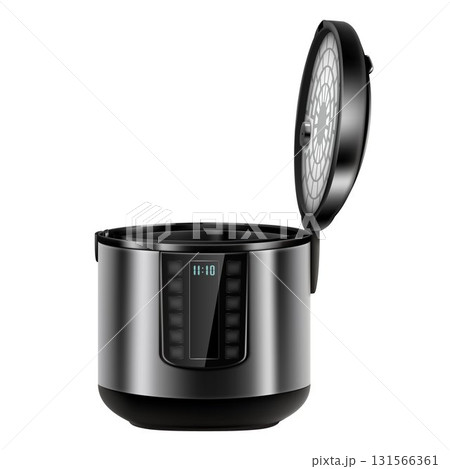 Automatic multicooker and pressure cooker with open and closed lid, isolated on white. Contemporary stainless steel. Saute and double boiler. Electrical appliances kitchen. Realistic 3d vector 131566361