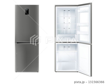 Set of realistic refrigerator with open and closed door vector illustration. Electronic fridge with cooling temperature display and shelves for products storage isolated. Home freezer for household Set of realistic refrigerator with open and closed door vector illustration. Electronic fridge with cooling temperature display and shelves for products storage isolated. Home freezer for household 131566366